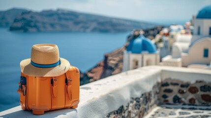 A hat and orange suitcase on ledge overlooking ocean with blue sky, AI - obrazy, fototapety, plakaty