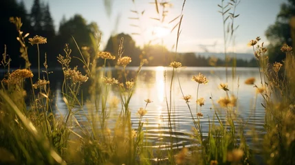 Deurstickers Paysage d'un coucher de soleil sur un lac en arrière-plan, avec au premier plan des herbes, plantes. Arrière-plan de flou. Reflet du soleil sur l'eau. Pour conception et création graphique. © FlyStun