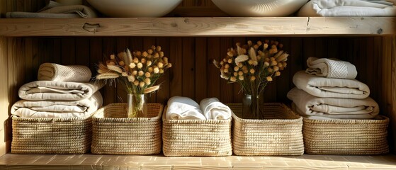 Serene Linen Storage with Woven Baskets and Neatly Folded Textiles. Concept Linen Storage, Woven Baskets, Neatly Folded Textiles, Serene Organization
