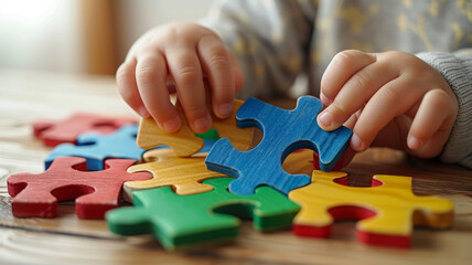 Child's hands solving puzzle - obrazy, fototapety, plakaty