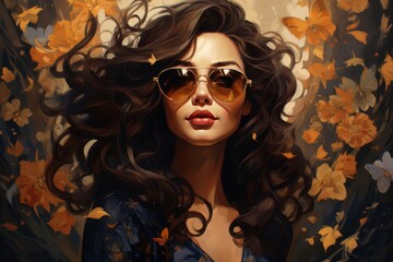 Cool and beautiful woman with sunglasses on background with flowers
