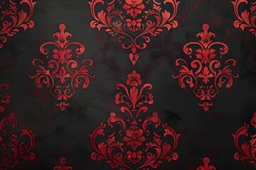A crimson floral flourish adorns a dark damask backdrop, merging traditional elegance with a bold modern twist for backgrounds or decor. - obrazy, fototapety, plakaty
