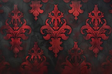 A crimson floral flourish adorns a dark damask backdrop, merging traditional elegance with a bold modern twist for backgrounds or decor. - obrazy, fototapety, plakaty