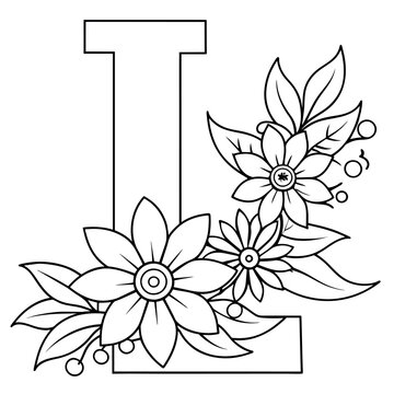 Alphabet L coloring page with the flower, L letter digital outline floral coloring page, ABC coloring page