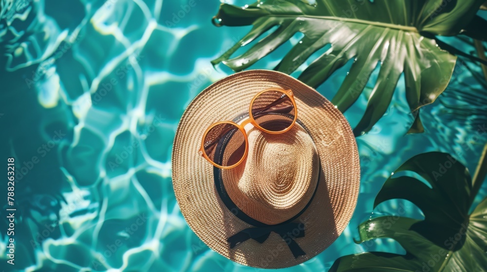 Sticker a hat and sunglasses on top of a pool with palm trees, ai