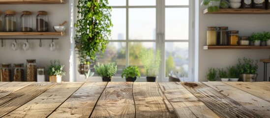 Wooden table set against a blurred background of a kitchen window and shelves. - obrazy, fototapety, plakaty