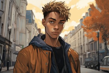 Cute cool boy in town during fall