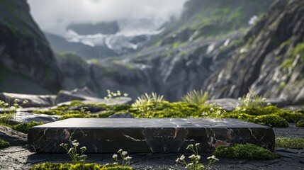 Marble Podium in Mystic Forest or mountains, A dark marble podium stone sits in the foreground of an awe-inspiring alpine landscape, ideal for showcasing products with a backdrop of natural grandeur