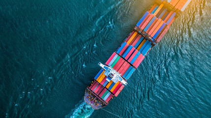 Fototapeta na wymiar Aerial view from drone, Container ship or cargo shipping business logistic import and export freight transportation by container ship in the open sea, freight ship boat.