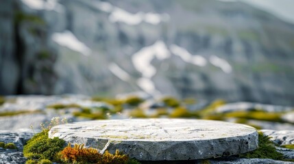 Serene Mountain Slate Display podium, A flat round white slate, nestled among delicate alpine flora, serves as a natural podium against the dramatic backdrop of rugged mountain peaks