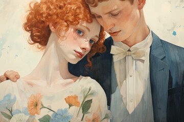 Beautiful bride and groom illustration hugging each other in dress. Love, wedding, romance and marriage themes.