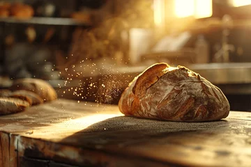 Fototapeten Artisanal bread with flour dust on a wooden board, backlit by warm sunlight in a rustic bakery. Freshly baked bread on wooden table in bakery shop, closeup © vachom
