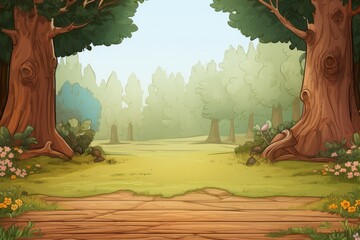 Cartoon forest with trees, grass and flowers.