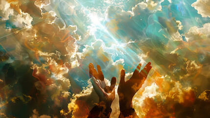 hands reaching towards the sky in prayer against  clouds and sunlight. - obrazy, fototapety, plakaty