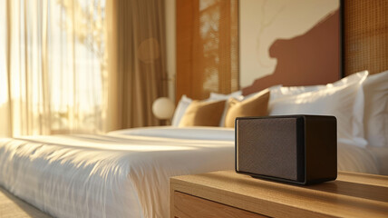 Wireless speaker on a bedroom nightstand.