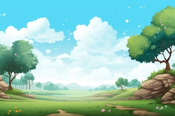 Cartoon environment with trees, grass, blue sky and clouds