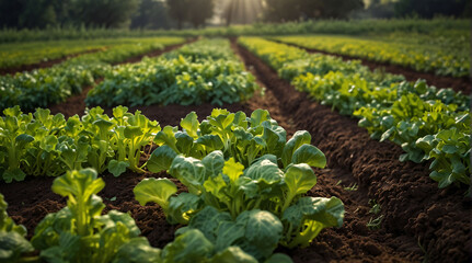 Rows / plantation of young pepper, leek, cabbage on a farm on a sunny day. Growing organic vegetables. Eco-friendly products. Agriculture land and farming. Agro business. Selective focus - obrazy, fototapety, plakaty