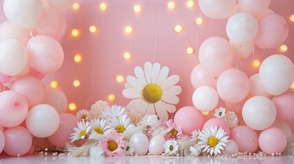 Fototapeta na wymiar Kids birthday. Children's birthday decorations. Lots of pink balloons and decorations 