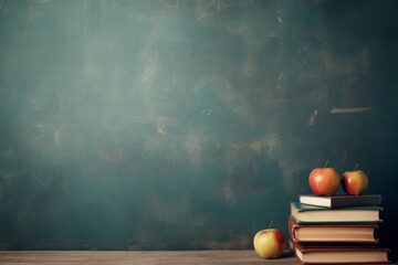 Back to school concept with blackboard, books and apple. Education, school and study concepts. 