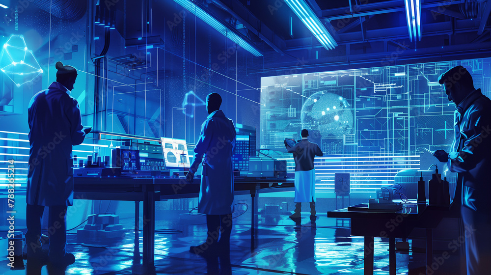 Aufkleber a group of scientists are working in a lab with a blue background. scene is serious and focused