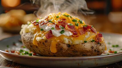 A loaded baked potato with toppings