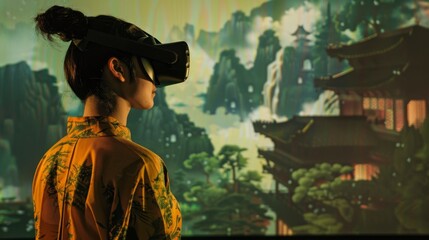 Woman Experiencing Virtual Reality With Asian Landscape Backdrop