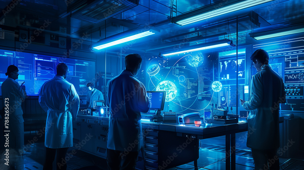 Poster a group of scientists are working in a lab with a blue background. scene is serious and focused