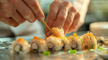 Sushi chef plating a roll, detailed close-up, soft ambient light, culinary precision, Japanese cuisine - obrazy, fototapety, plakaty