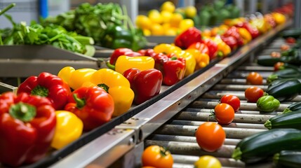 Fresh vegetables on conveyor belt, tight shot, vibrant colors, farm to table, quality check 