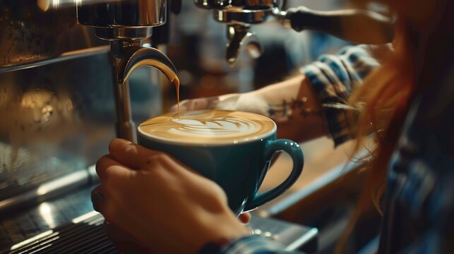 Barista crafting latte art, close view, focused concentration, cafÃ© atmosphere, coffee culture 