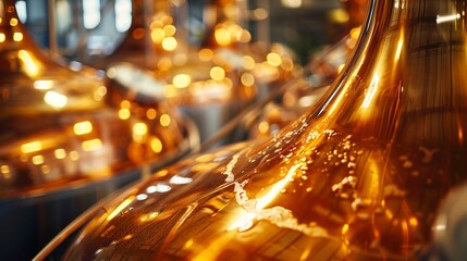Craft beer brewing vats, close-up, golden liquid, artisanal production, brewery art 