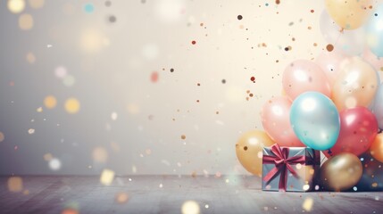 Happy birthday concept with balloons, confetti and gift boxes