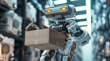 E-commerce warehouse robot carrying box, macro shot, futuristic delivery, automation in action 