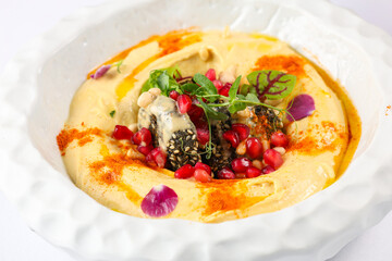 Humus popular food in Middle Eastern cuisine. Close up photo with a gourmet dish made from humus oil seeds and pomegranate.