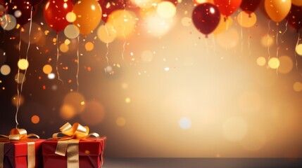 Happy birthday concept with gift boxes and colorful balloons. Celebration background. Christmas theme. Copy space.