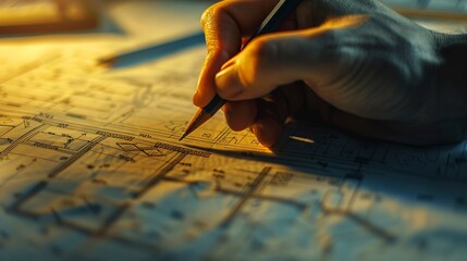 Architect's hand drawing residential blueprint, macro shot, focused light, creative process, property design 