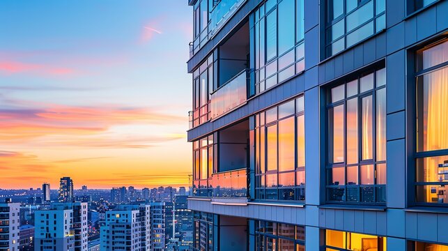 Luxury apartment high-rise at dusk, close-up on windows, urban living, real estate investment 