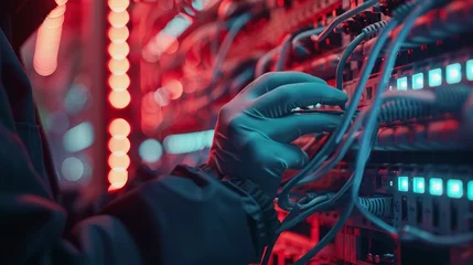 Plaid mouton avec motif Photographie macro Technician hand patching network cables in server room, macro shot, connectivity, infrastructure maintenance 