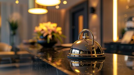 Hotel concierge bell on reception desk, close-up, service readiness, welcoming light 