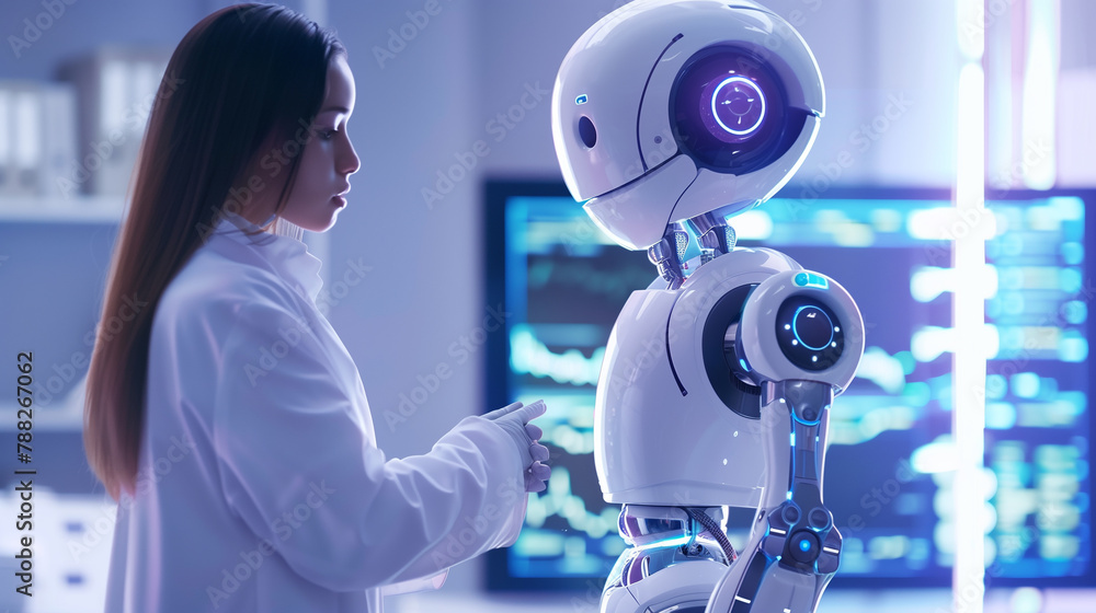 Poster a man in a lab coat is working with a robot. the robot is white and has a blue face. the scene is se