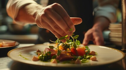 Chef garnishing a dish, tight shot, culinary art, fine dining, hospitality excellence 