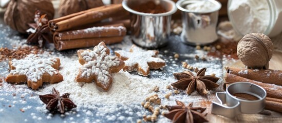 Obraz na płótnie Canvas Ingredients necessary for baking during the Christmas season are flour, spices, and cookie cutters.