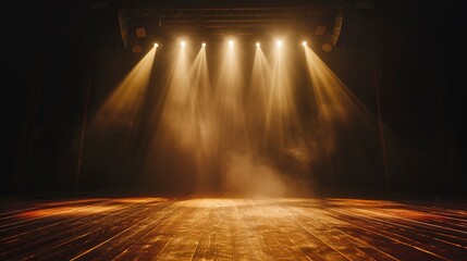 Stage lights against dark backdrop, detailed close-up, drama unfolding, theatrical ambiance  - obrazy, fototapety, plakaty