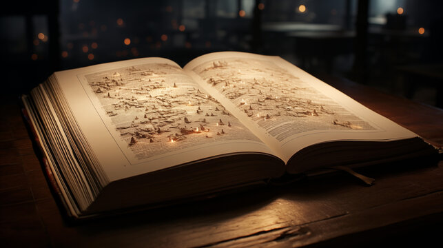 Grand livre ouvert posé sur une table avec de la lumière. Grimoire, manuel, magie. Ambiance sombre. Littérature, roman. Pour conception et création graphique. 