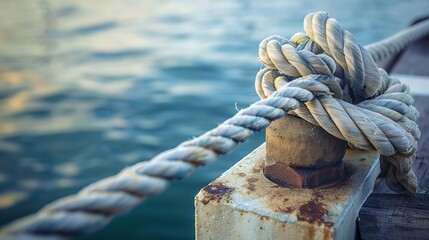 Rope tied to a dock cleat, macro shot, secure mooring, maritime safety, port life  - obrazy, fototapety, plakaty