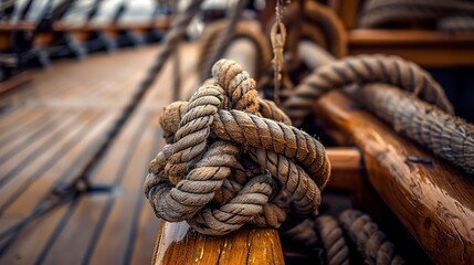 Sailor knot on a vintage ship, close-up, nautical tradition, skilled craftsmanship, seafaring detail 