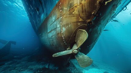 Ship propeller underwater, tight shot, engineering marvel, propulsion power, beneath the waves  - obrazy, fototapety, plakaty