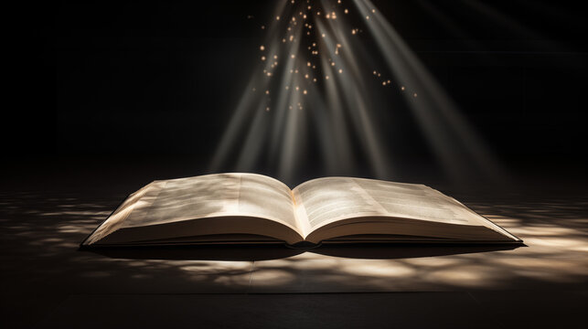 Grand livre ouvert pos&eacute; sur une table avec de la lumi&egrave;re. Grimoire, manuel, magie. Ambiance sombre. Litt&eacute;rature, roman. Pour conception et cr&eacute;ation graphique. 