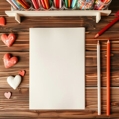 A blank notebook page with red and pink stationary on a wooden background.