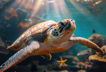 Obraz premium A close-up of a sea turtle swimming in the ocean.